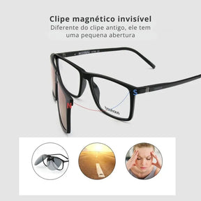 Óculos masculino com clipe magnético azul espelhado e armação leve e moderna