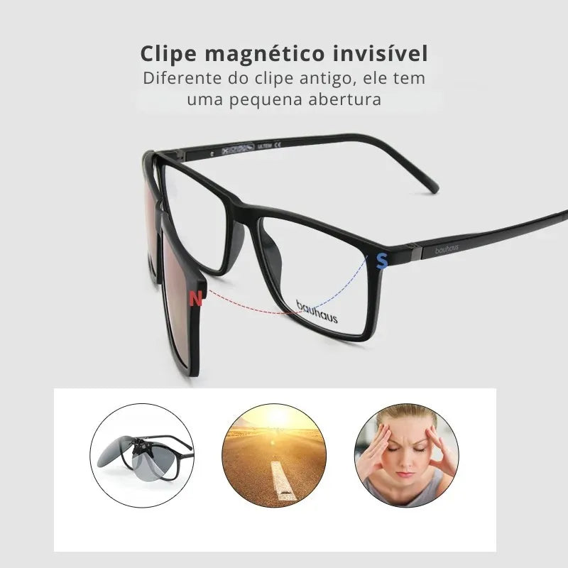 Óculos masculino com clipe magnético azul espelhado e armação leve e moderna