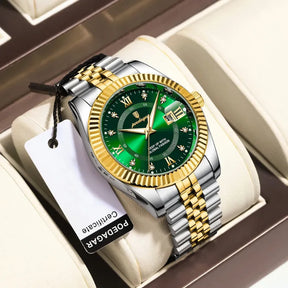 Relógio POEDAGAR dourado com mostrador verde e pulseira inoxidável.