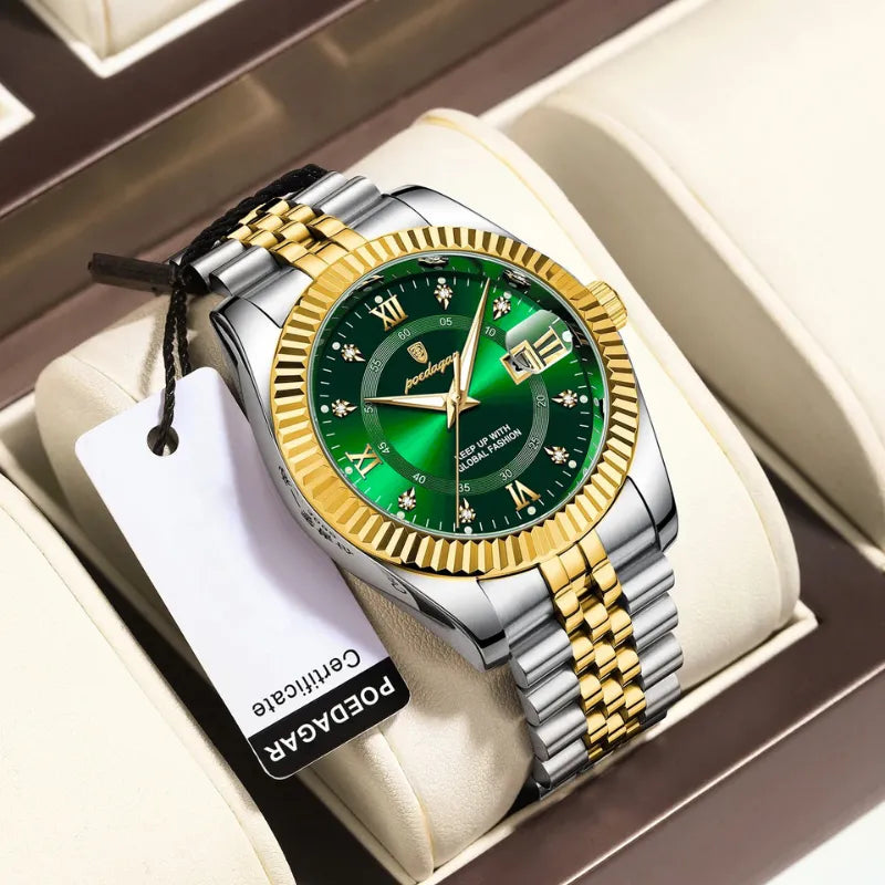 Relógio POEDAGAR dourado com mostrador verde e pulseira inoxidável.