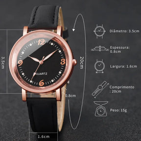 Relógio feminino redondo rosa com pulseira de couro e mostrador clean
