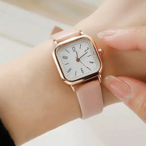 Relógio feminino minimalista com pulseira de couro rosa e mostrador branco