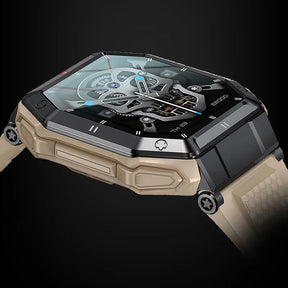 Smartwatch militar masculino cor marrom, Bluetooth, monitoramento saúde, design resistente e esportivo.