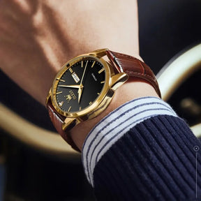 Relógio OLEVS Ouro Preto masculino com pulseira de couro
