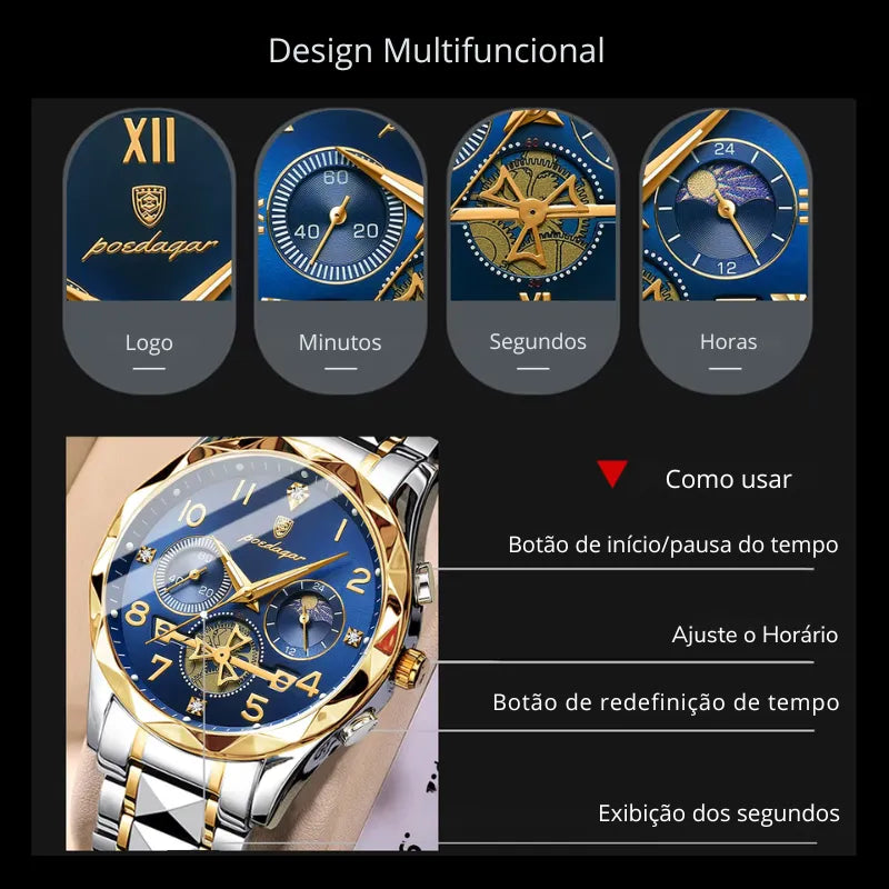 Relógio masculino POEDAGAR azul dourado com cronógrafo e ponteiros luminosos