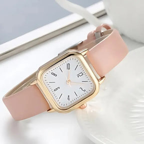 Relógio feminino minimalista com pulseira de couro rosa e mostrador branco