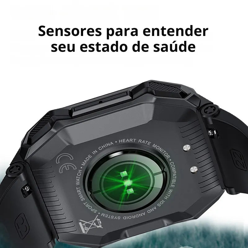 Smartwatch militar verde masculino com chamadas, monitoramento de saúde e visual esportivo robusto.