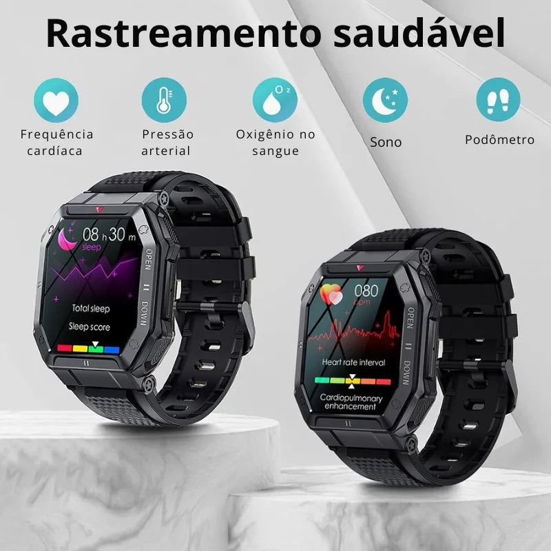 Smartwatch militar preto masculino com ligações, monitoramento saúde e visual esportivo sofisticado.