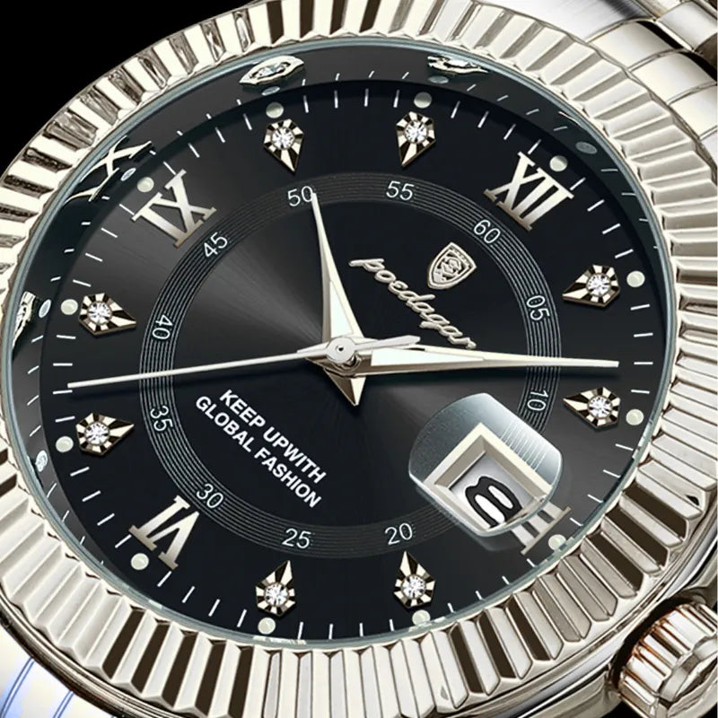 Relógio POEDAGAR prata com mostrador preto e pulseira inoxidável.