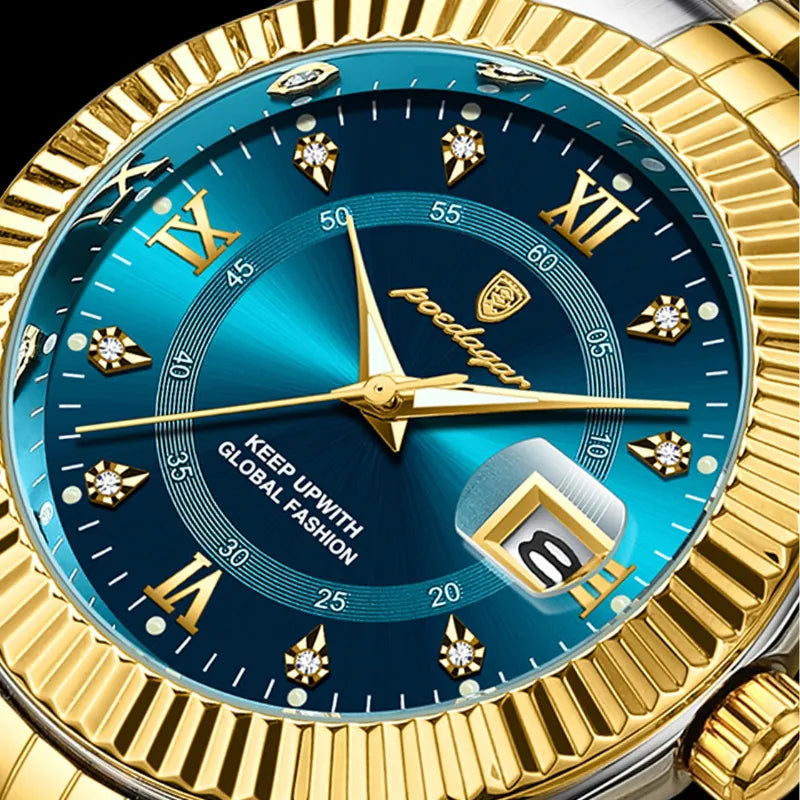 Relógio POEDAGAR dourado com mostrador azul e pulseira inoxidável.
