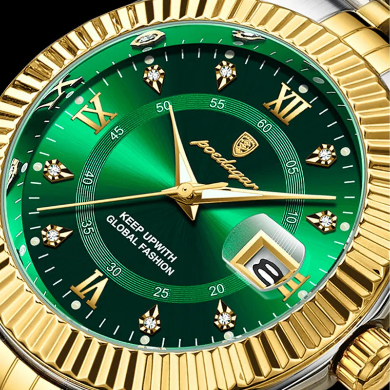 Relógio POEDAGAR dourado com mostrador verde e pulseira inoxidável.