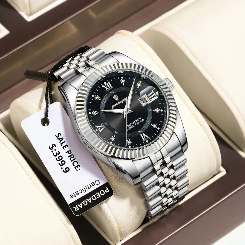 Relógio POEDAGAR prata com mostrador preto e pulseira inoxidável.