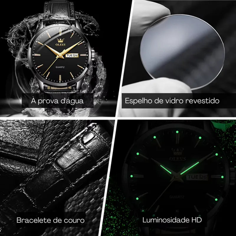 Relógio OLEVS Preto masculino com pulseira de couro