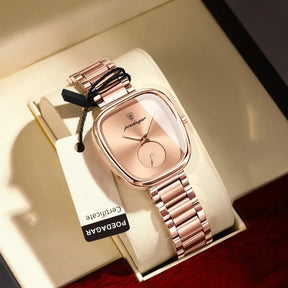 Relógio feminino POEDAGAR rosé em aço inoxidável com mostrador elegante
