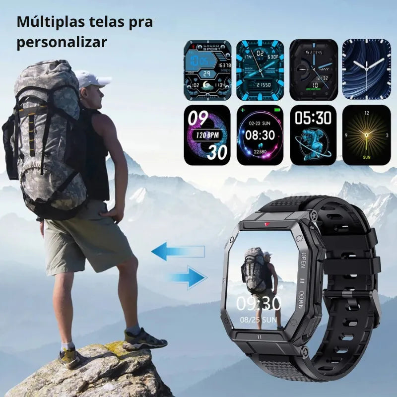 Smartwatch militar preto masculino com ligações, monitoramento saúde e visual esportivo sofisticado.