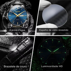 Relógio OLEVS Preto Azul masculino com pulseira de couro