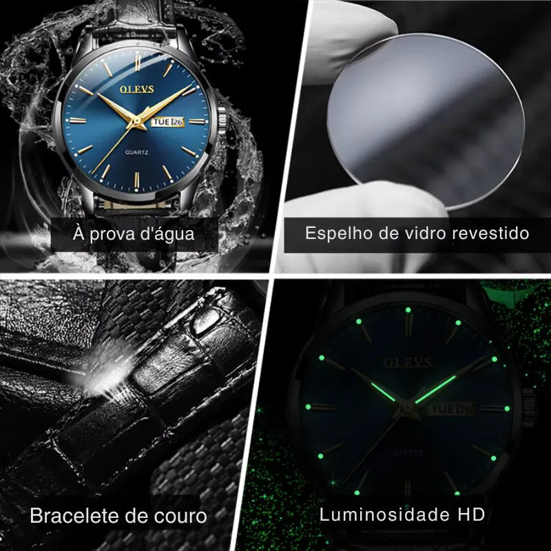 Relógio OLEVS Preto Azul masculino com pulseira de couro