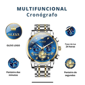 Relógio masculino OLEVS azul dourado com cronógrafo e fase da lua