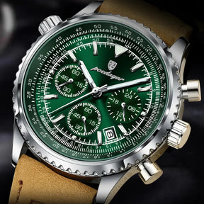 Relógio masculino POEDAGAR verde com pulseira de couro e cronógrafo esportivo elegante