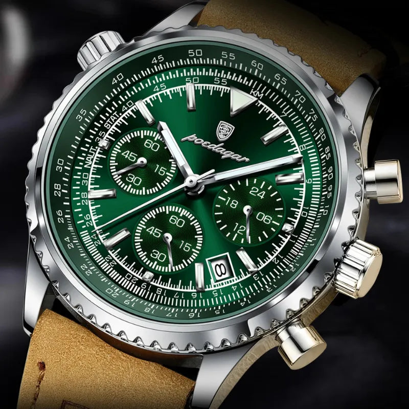 Relógio masculino POEDAGAR verde com pulseira de couro e cronógrafo esportivo elegante