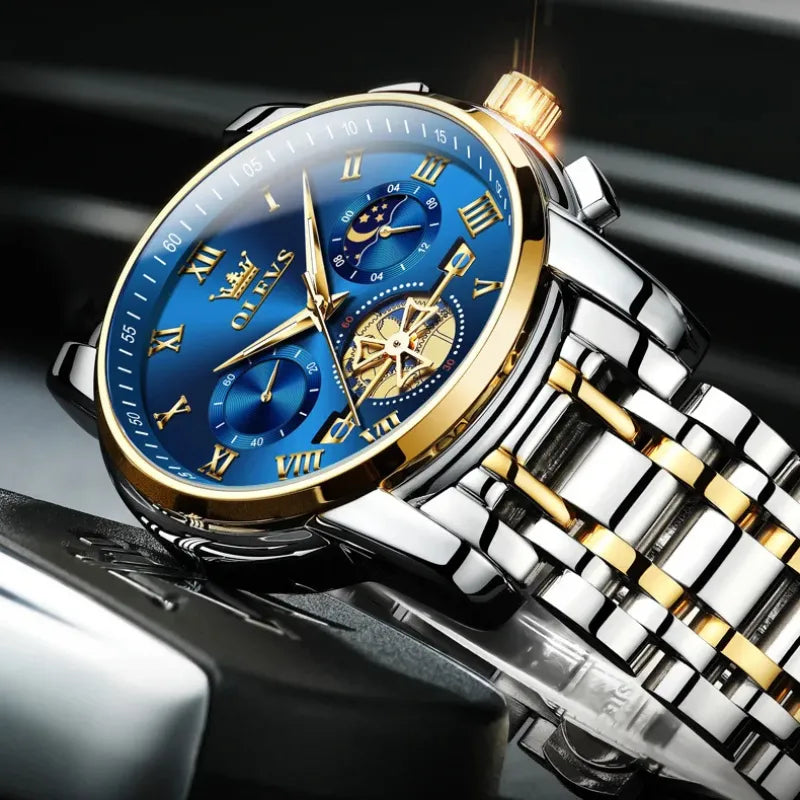Relógio masculino OLEVS azul dourado com cronógrafo e fase da lua