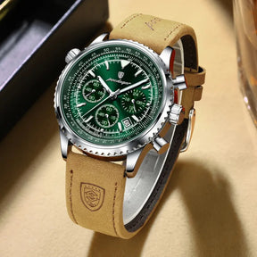 Relógio masculino POEDAGAR verde com pulseira de couro e cronógrafo esportivo elegante
