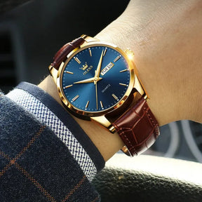 Relógio OLEVS Azul Dourado masculino com pulseira de couro