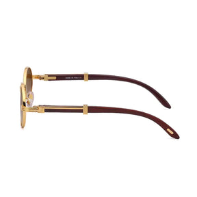 Óculos oval dourado com lente marrom degradê e hastes com acabamento madeira estilo vintage retrô UV400

