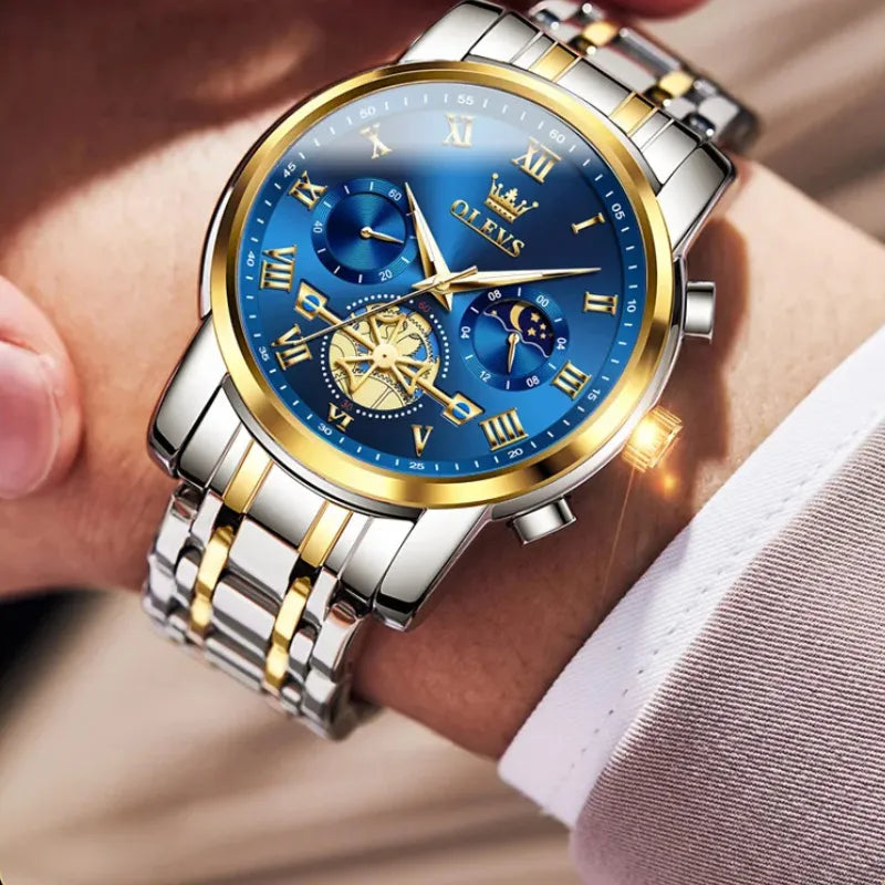 Relógio masculino OLEVS azul dourado com cronógrafo e fase da lua