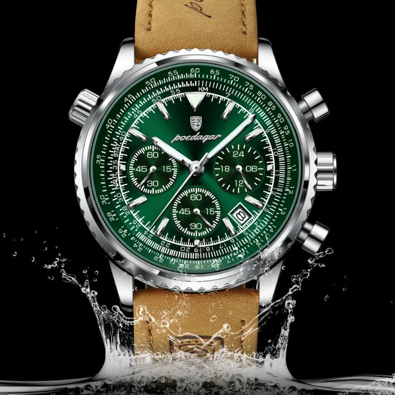 Relógio masculino POEDAGAR verde com pulseira de couro e cronógrafo esportivo elegante