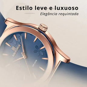 Relógio feminino azul NAVIFORCE com pulseira de silicone e mostrador floral