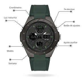 Relógio SANDA verde escuro com mostrador analógico-digital.