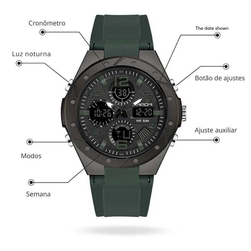 Relógio SANDA verde escuro com mostrador analógico-digital.