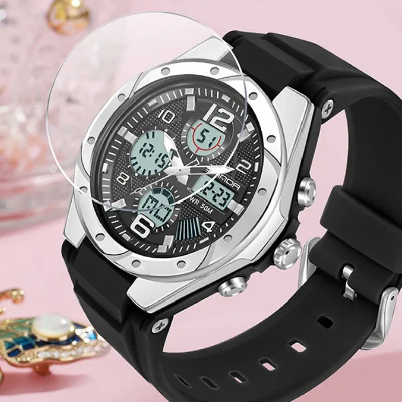 Relógio SANDA preto prateado com mostrador digital e pulseira silicone.