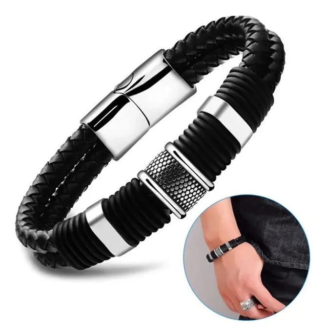 Pulseira masculina couro trançado com detalhe em aço inoxidável prata