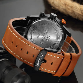 Relógio masculino Chronos com visor azul, cronógrafo e pulseira de couro marrom