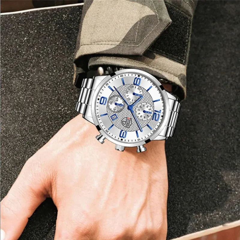 Relógio masculino DEYROS prata com mostrador branco e pulseira em aço inox polido