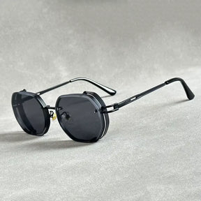 Óculos steampunk quadrado preto com armação metálica e lente escura UV400, modelo G02, estilo retrô moderno