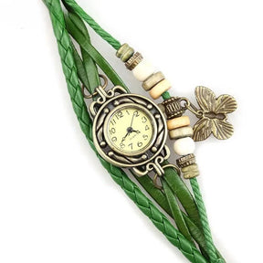 Relógio vintage verde com couro trançado e pingente borboleta feminino