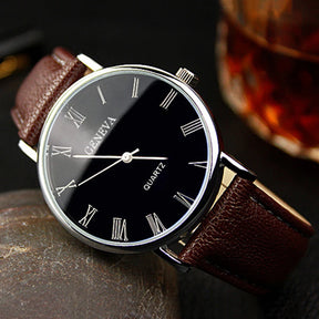 Relógio Geneva mostrador preto, pulseira couro sintético, design clássico masculino.