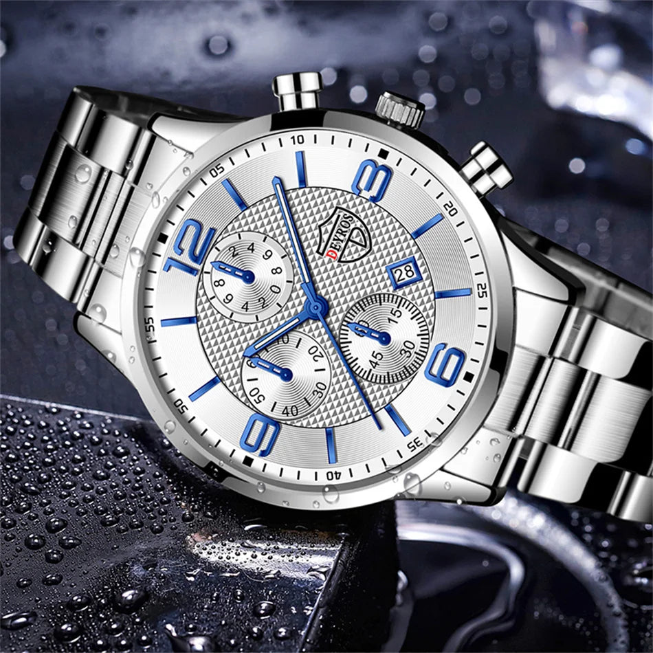Relógio masculino DEYROS prata com mostrador branco e pulseira em aço inox polido