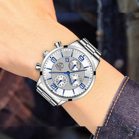 Relógio masculino DEYROS prata com mostrador branco e pulseira em aço inox polido