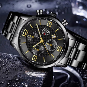 Relógio DEYROS ouro negro com pulseira de aço e mostrador elegante com calendário