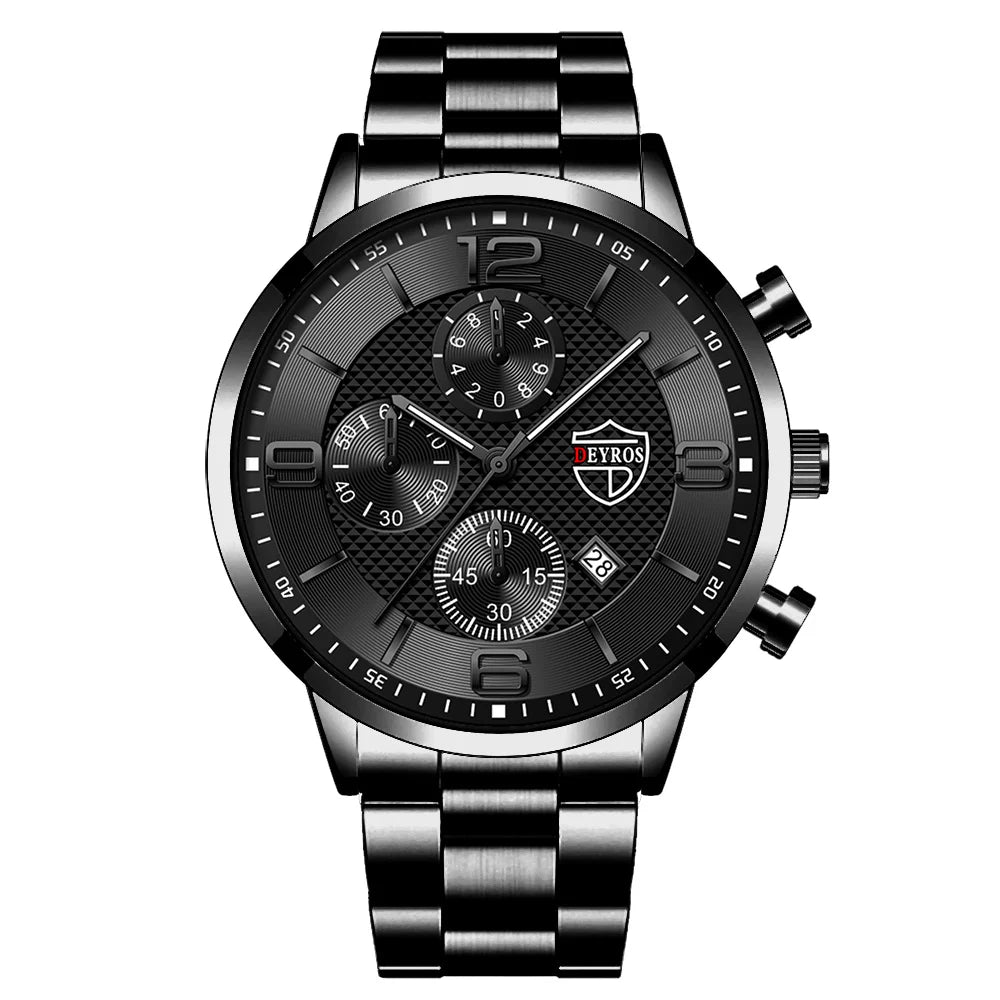 Relógio masculino preto DEYROS com pulseira de aço inoxidável e mostrador com calendário