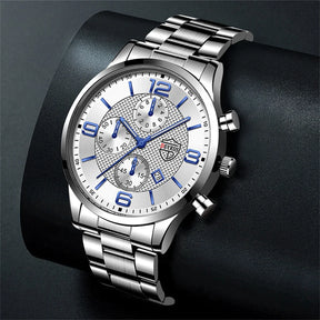 Relógio masculino DEYROS prata com mostrador branco e pulseira em aço inox polido
