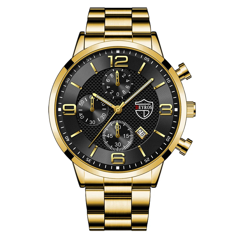 Relógio masculino DEYROS com pulseira dourada e mostrador preto elegante e sofisticado
