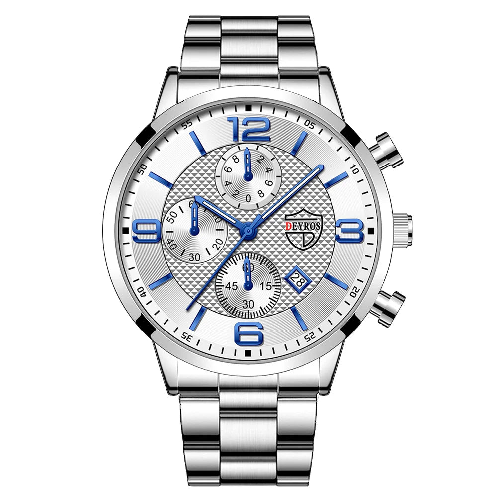 Relógio masculino DEYROS prata com mostrador branco e pulseira em aço inox polido