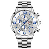 Relógio masculino DEYROS prata com mostrador branco e pulseira em aço inox polido