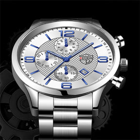 Relógio masculino DEYROS prata com mostrador branco e pulseira em aço inox polido
