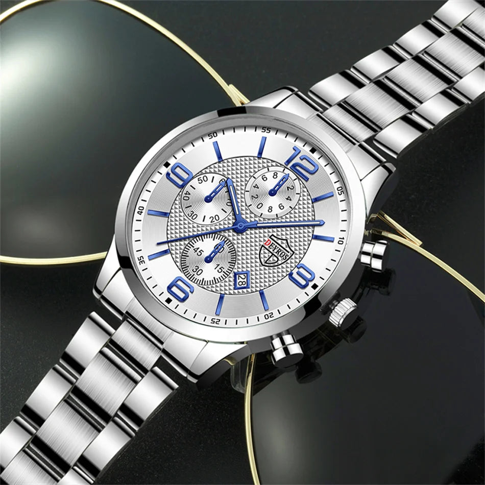Relógio masculino DEYROS prata com mostrador branco e pulseira em aço inox polido